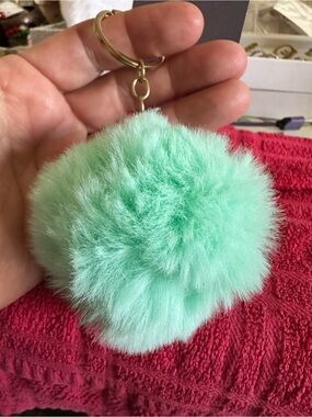 Mint Green Faux Fur Pom Pom Keychain with Gold Ring